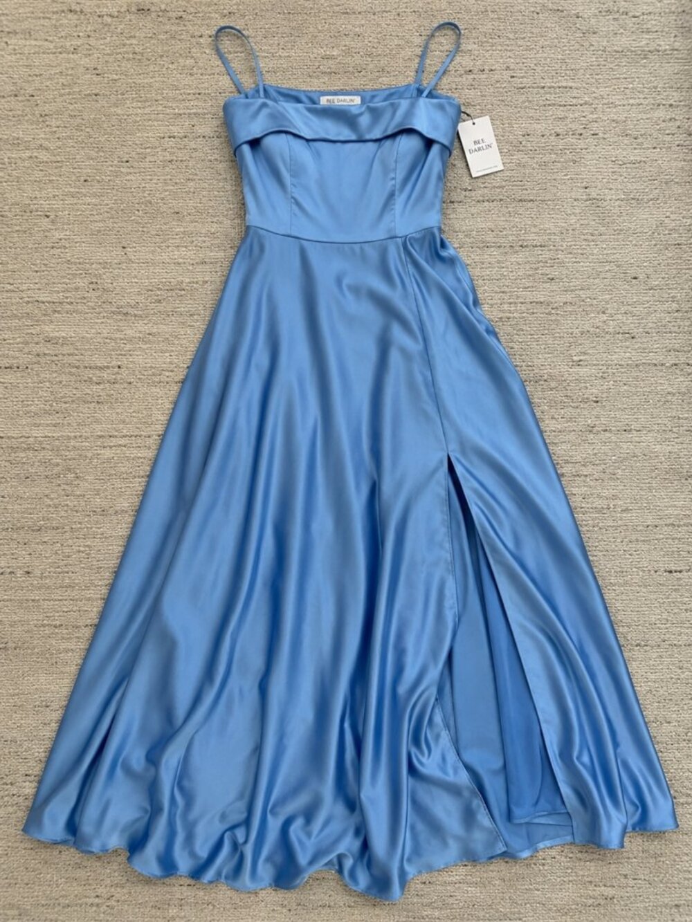 B Darlin Blue Chambray Satin Square Neck Sleeveless Bow Back Dress 4 NWT - Picture 3 of 5